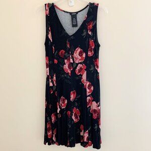 Premise Black Floral V-Neck Sleeveless Rayon Swing Dress